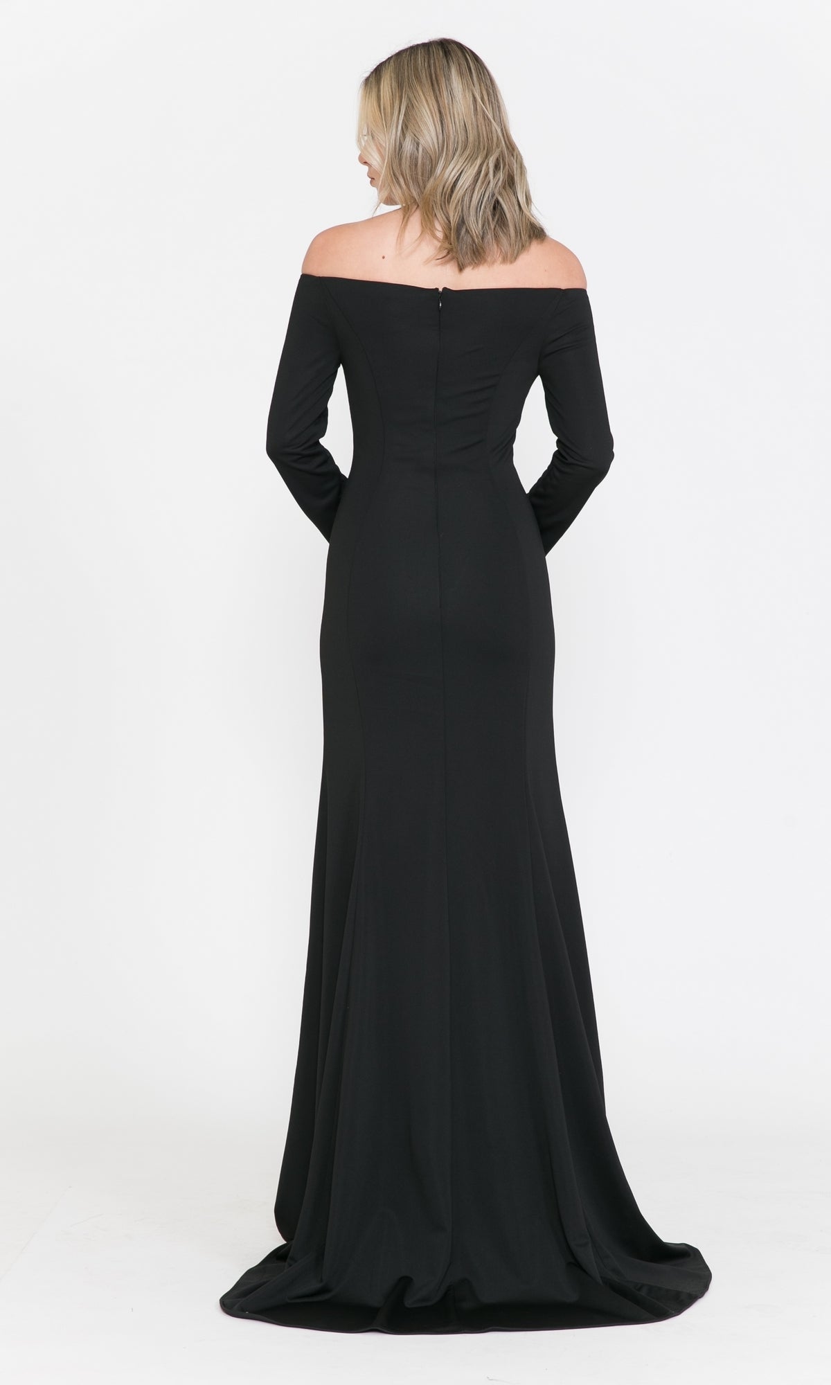 A blonde woman models the Off-the-Shoulder Long-Sleeve Formal Prom Dress 8378, standing with her back to the camera against a plain white background.