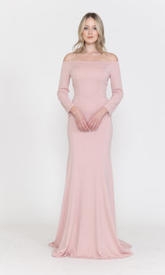 A woman faces forward in the Off-the-Shoulder Long-Sleeve Formal Prom Dress 8378, shown in Dusty Rose, set against a plain white background.