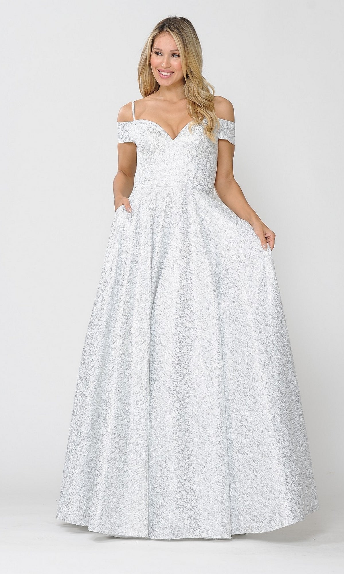 Cold-Shoulder Silver and White Long Prom Gown 8380