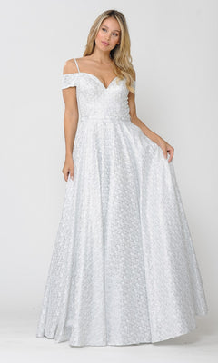 A woman in the Cold-Shoulder Silver and White Long Prom Gown 8380, an off-the-shoulder, floor-length dress with lace texture, stands against a plain white background.