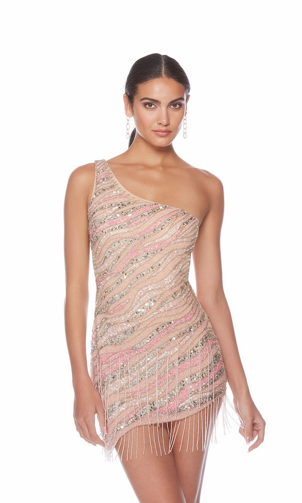 A woman stands against a white background wearing the Alyce One-Shoulder Short Beaded Hoco Dress 84011, featuring pink and silver sequin patterns and sparkly fringe at the hem.