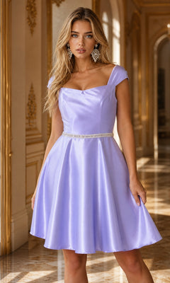 A woman wearing the Cap-Sleeve Short Homecoming Dress with Pockets 8416 in lilac, featuring a rhinestone waistband, stands in an ornate hallway adorned with gold accents.