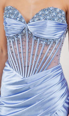 Close-up of the Cinderella Couture 8449J long prom dress—a strapless light blue satin gown with a beaded sheer bodice and draped waist, ideal for proms or formal events.