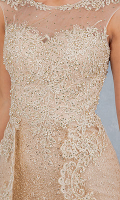 Close-up of the Long Formal Dress: Cinderella Couture 8506J in beige, featuring a sheer tulle upper panel adorned with delicate floral embroidery, accented with small beads and sequins.