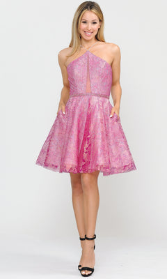 A woman smiles in the Glitter-Mesh Short A-Line Homecoming Dress 8506, featuring a sleeveless halter neckline and paired with black high-heeled sandals, against a plain light background.
