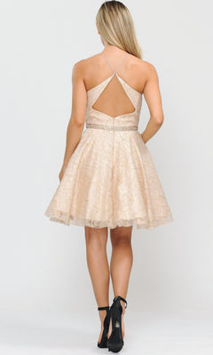 Woman stands with her back to the camera in the Glitter-Mesh Short A-Line Homecoming Dress 8506, featuring beige lace, crisscross straps, and an open back, paired with black high heels for an elegant look.