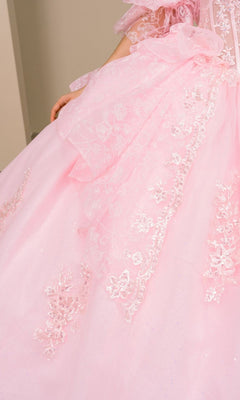 Close-up of the Quinceanera Dress 8535JQ by Cinderella Couture, featuring lace and sequin floral details on the bodice and full skirt.