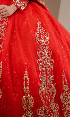 Close-up of a person wearing the Quinceanera Dress 8545JQ By Cinderella Couture, featuring a red ball gown design with intricate gold embroidery, glitter detailing, and beaded sequin embellishments.