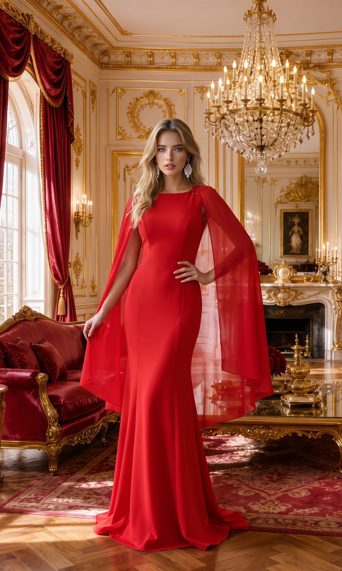 A woman wearing the High-Neck Simple Long Jersey Prom Dress 8566 in red, featuring a fitted silhouette and a sheer cape, stands in an ornate room adorned with gold decor, red curtains, chandeliers, and antique furniture.