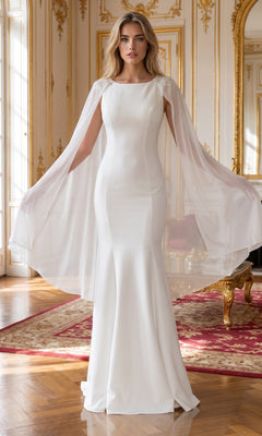 A woman wearing the High-Neck Simple Long Jersey Prom Dress 8566 in off white, featuring a fitted silhouette, high neckline, sheer cape sleeves, and delicate lace appliques, stands in an ornate room with gold accents, hardwood floors, patterned rugs, and elegant furniture.