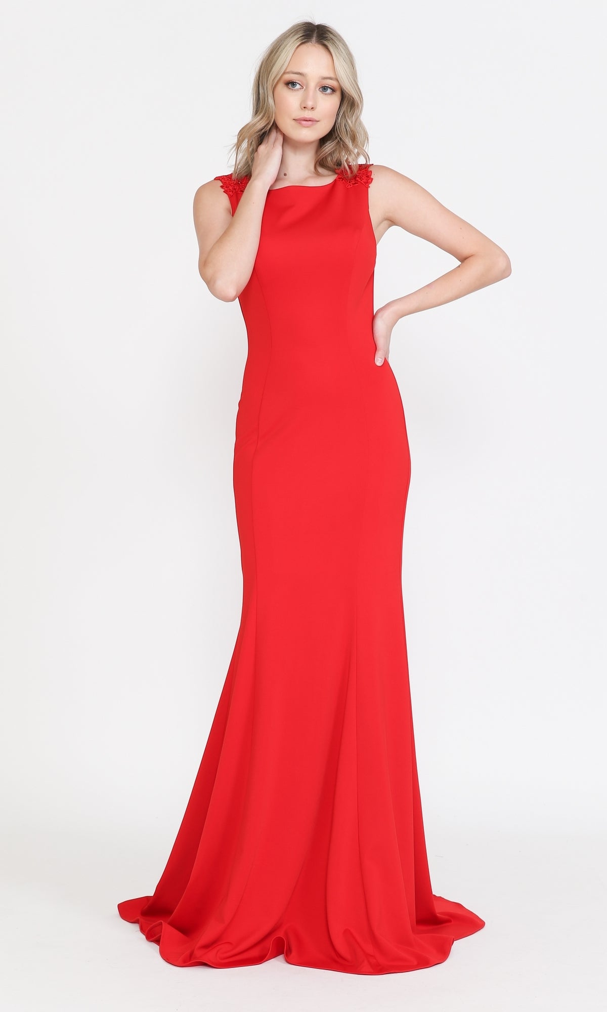 A woman stands against a white background wearing the High-Neck Simple Long Jersey Prom Dress 8566—a sleeveless, floor-length red gown with a fitted bodice and slight train.