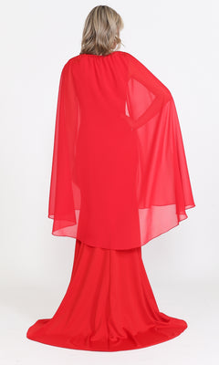 A woman with blonde hair faces away, modeling the High-Neck Simple Long Jersey Prom Dress 8566 in red against a plain white background.