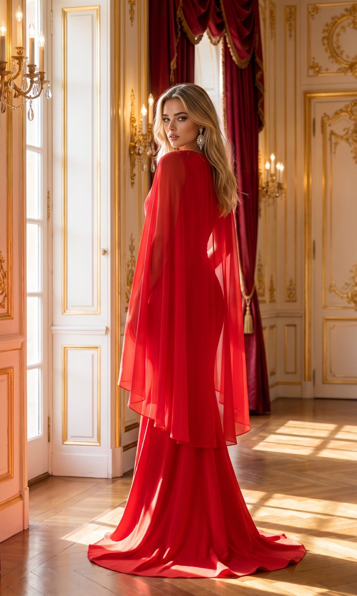 A woman wearing the High-Neck Simple Long Jersey Prom Dress 8566 stands in an ornate, gold-accented room with chandeliers, looking over her shoulder.