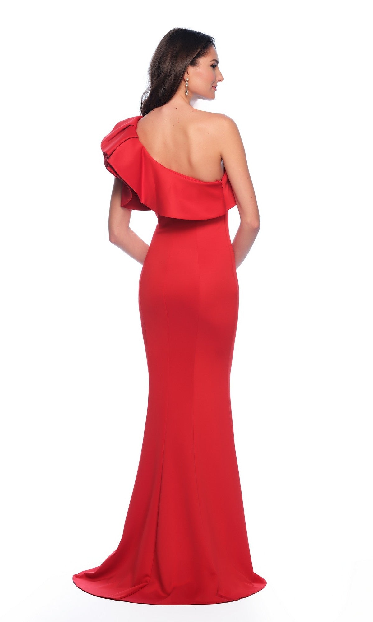 Woman wearing the Long Formal Dress A8568 by Dave and Johnny, featuring a fitted silhouette, ruffle bodice, and one-shoulder sleeve, stands with her back to the camera against a white background.