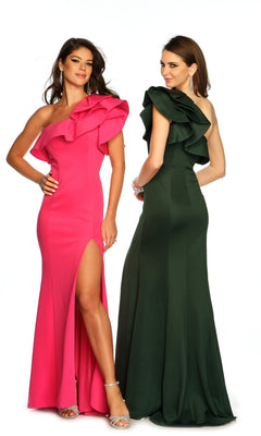 Two women wearing Long Formal Dress A8568 by Dave and Johnny; one wears a pink fitted one-shoulder gown with ruffle bodice and thigh-high slit, the other wears the same style in dark green.