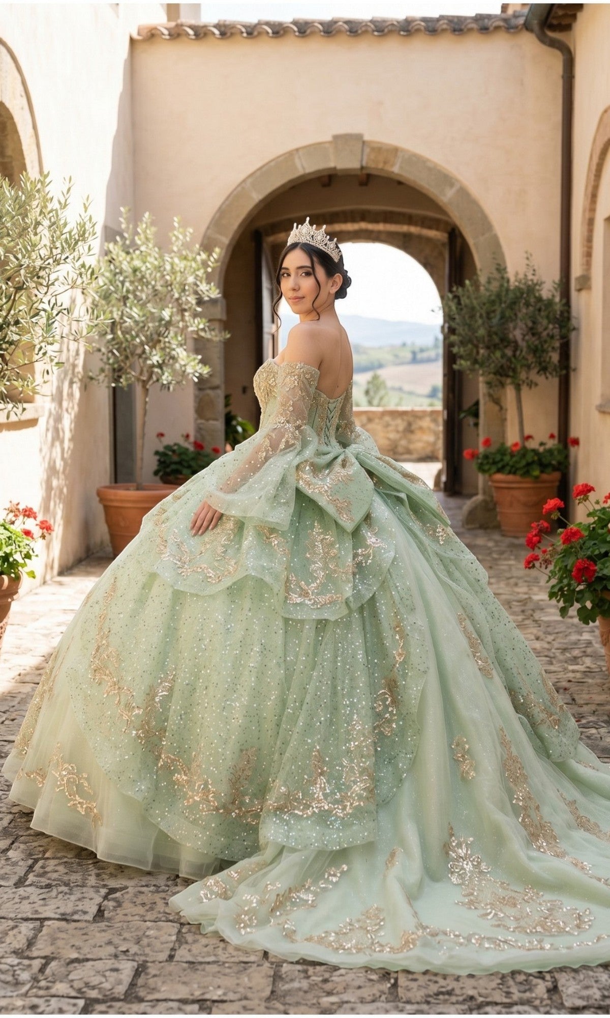A young woman in the Quinceanera Dress 8575JQ by Cinderella Couture—a pale green, embellished ball gown—wears a crown as she stands in a sunlit stone courtyard surrounded by potted plants and arched doorways.