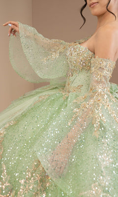 A person wearing the Quinceanera Dress 8575JQ By Cinderella Couture—a sparkly, light green embellished ball gown with gold embroidery and sheer, flared sleeves; only the upper body is visible.