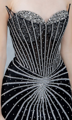 A close-up of the Cinderella Couture 8576J long prom dress showcases its strapless, chic corset bodice adorned with silver rhinestones arranged in geometric and radiating patterns.