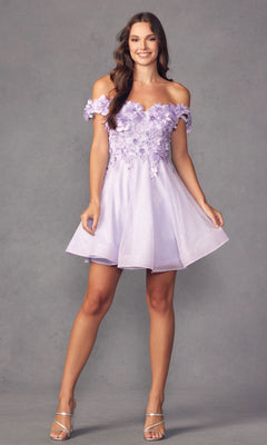 A woman models the Floral Off-the-Shoulder Short Homecoming Dress 861—a lilac A-line party dress with 3-D flowers—paired with silver heels, set against a plain gray background.