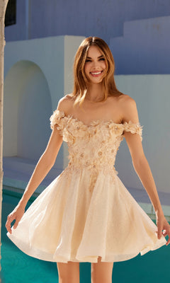 A woman stands by a pool smiling at the camera, wearing the Floral Off-the-Shoulder Short Homecoming Dress 861, a cream A-line dress adorned with 3-D flowers and floral appliqués.