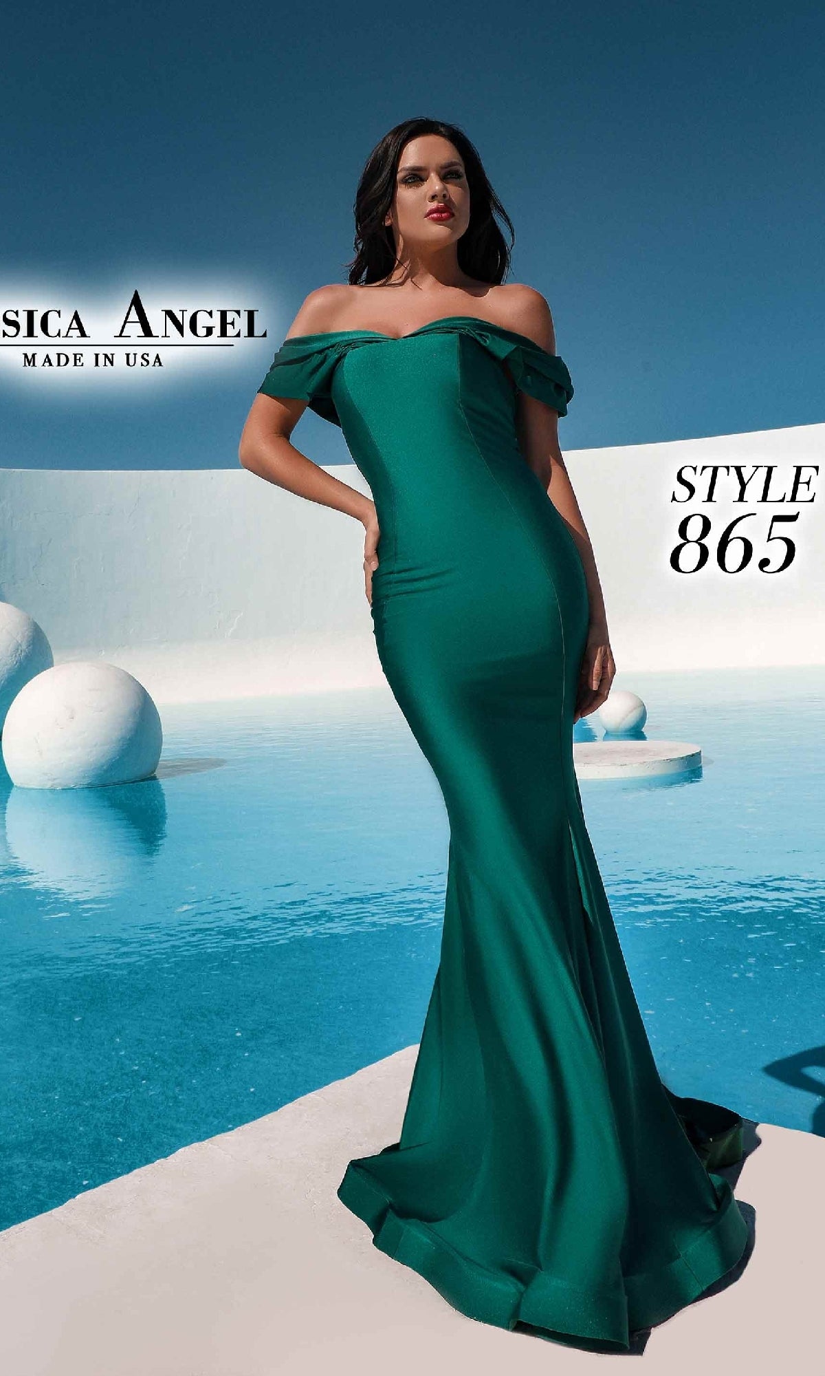 A woman in an emerald green Off-Shoulder Long Prom Dress: Jessica Angel 865 stands by a blue pool against a white geometric background. Text reads 