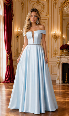 A woman stands in an ornate room with gold trim and red drapes, wearing the Plunging V-Neck Long Mikado Prom Ball Gown 8680 in blue. The elegant off-the-shoulder design, deep neckline, and silver belt create a stunning silhouette against the lavish backdrop.