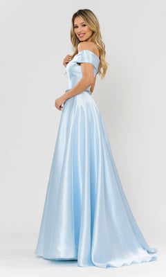 A woman smiles in the Plunging V-Neck Long Mikado Prom Ball Gown 8680, a light blue off-the-shoulder dress, as she stands against a plain white background.