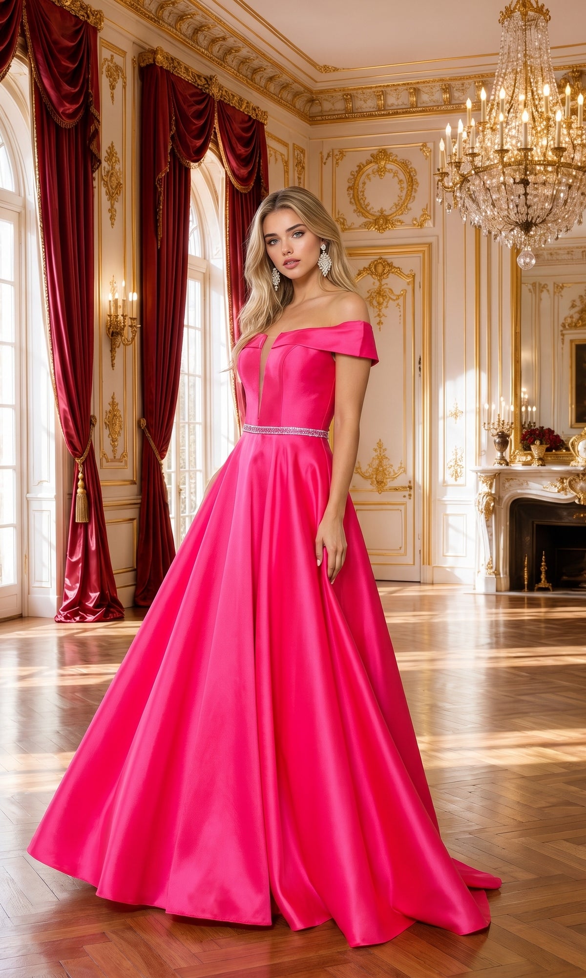 A woman wearing the Plunging V-Neck Long Mikado Prom Ball Gown 8680 in fuchsia stands in an ornate room adorned with chandeliers, tall windows, gold trim, and red curtains.