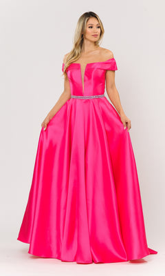 A woman stands against a plain light background wearing the Plunging V-Neck Long Mikado Prom Ball Gown 8680 in bright pink satin with off-the-shoulder sleeves and a beaded waist detail.