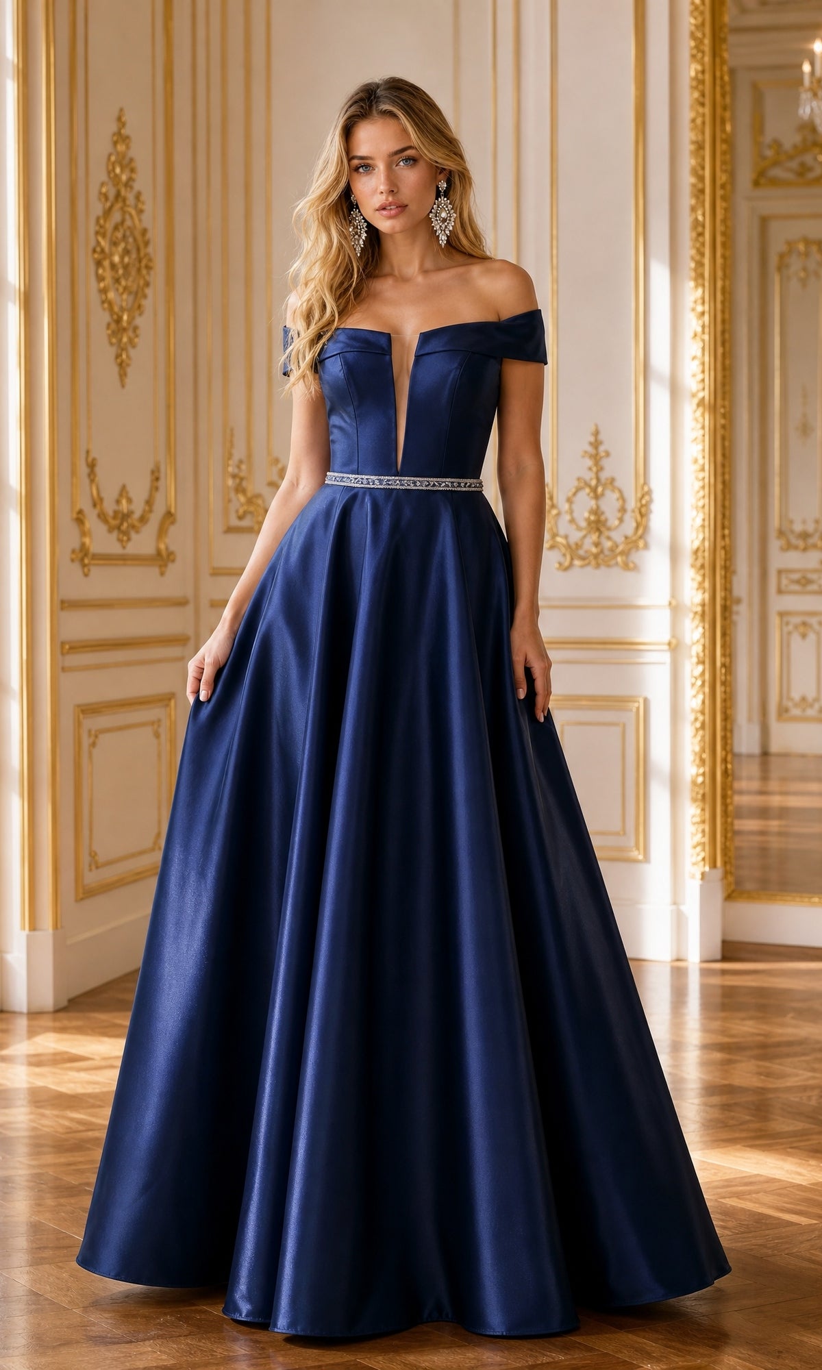A woman stands in an ornate, gold-trimmed room with wooden floors and elegant wall decor, wearing the Plunging V-Neck Long Mikado Prom Ball Gown 8680 in navy.