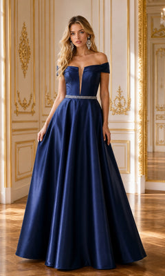 A woman stands in an ornate, gold-trimmed room with wooden floors and elegant wall decor, wearing the Plunging V-Neck Long Mikado Prom Ball Gown 8680 in navy.