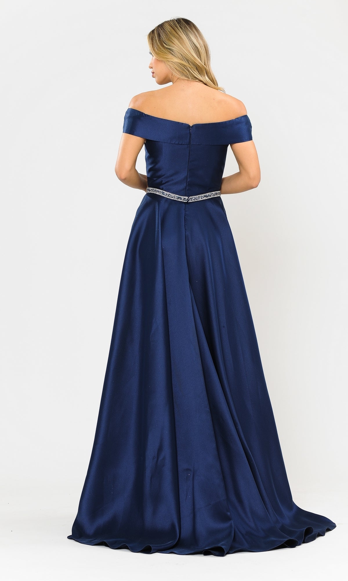 A woman wearing the Plunging V-Neck Long Mikado Prom Ball Gown 8680 with a jeweled belt stands facing away against a plain white background.