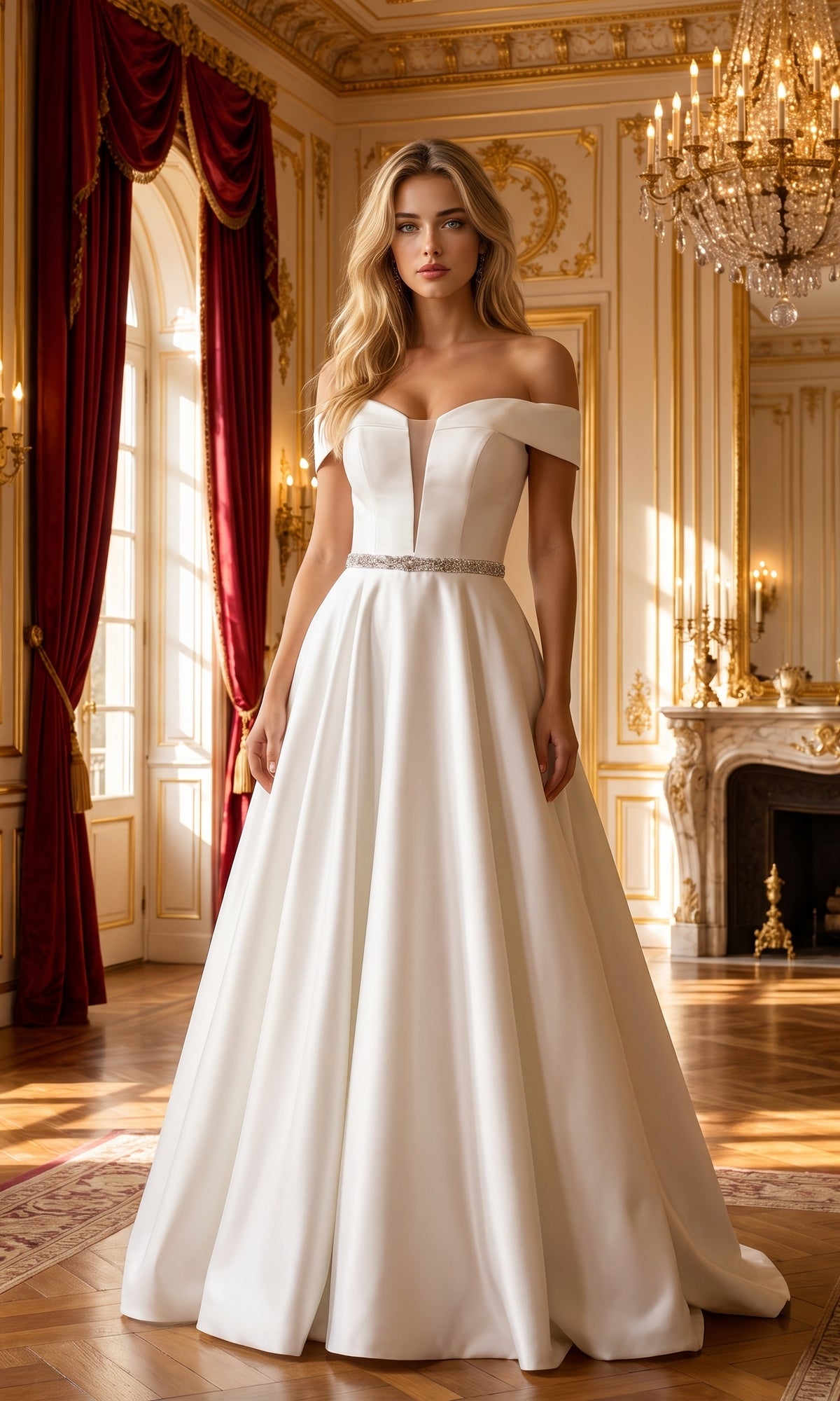 A woman wearing the Plunging V-Neck Long Mikado Prom Ball Gown 8680 in off-white stands in an ornate room adorned with chandeliers, red drapes, large windows, and a marble fireplace.