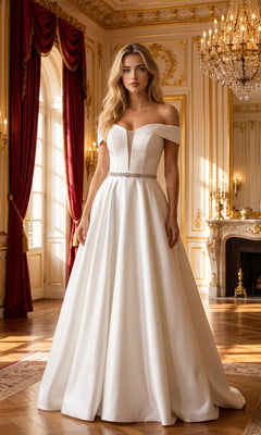 A woman wearing the Plunging V-Neck Long Mikado Prom Ball Gown 8680 in off-white stands in an ornate room adorned with chandeliers, red drapes, large windows, and a marble fireplace.