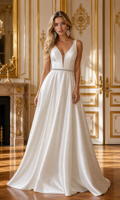 Wearing the Deep V-Neck Long Mikado A-Line Prom Dress 8682 in off-white, a woman stands in an ornate, gold-decorated room.