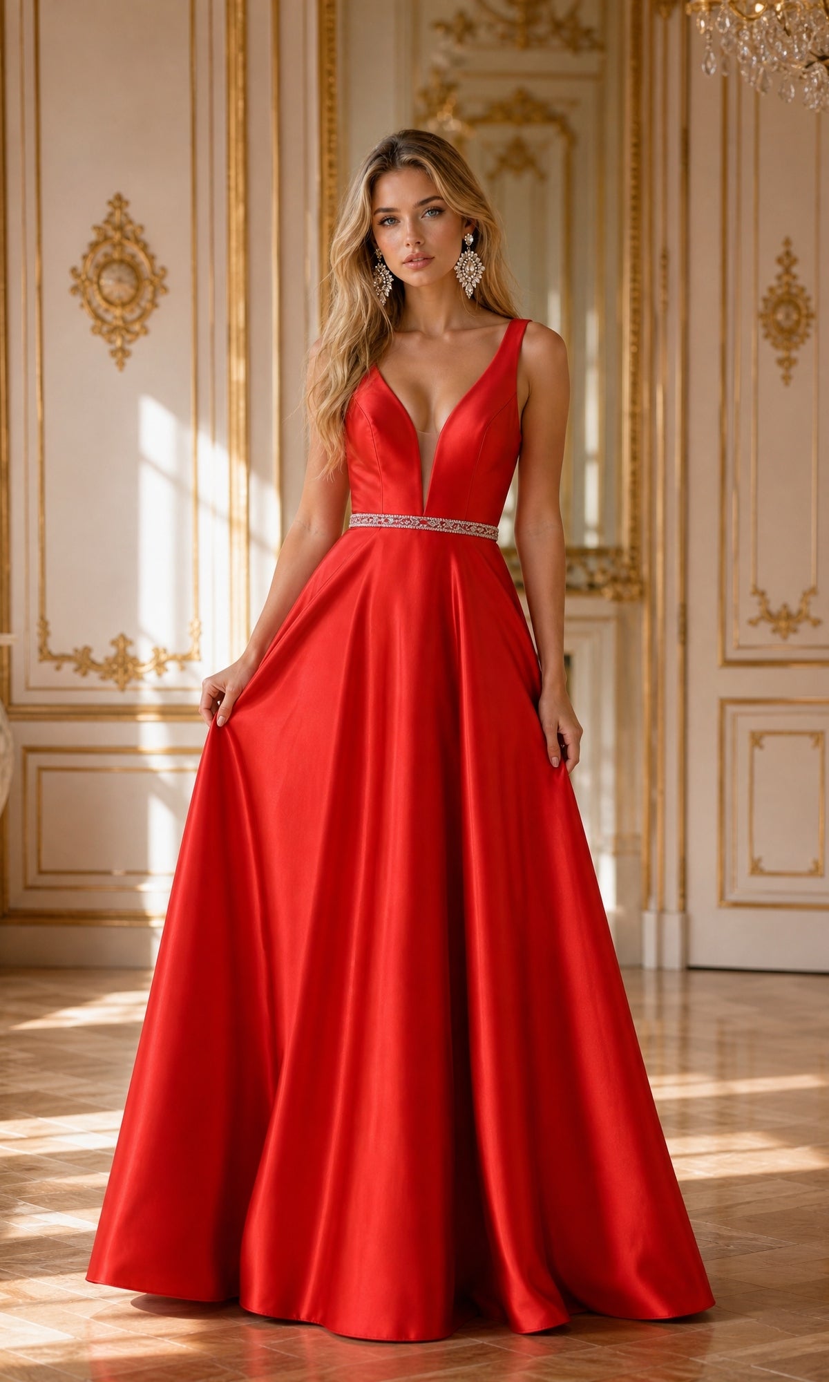 A woman wearing the Deep V-Neck Long Mikado A-Line Prom Dress 8682 in red, featuring a sleeveless design, deep V-neckline, and jeweled belt, stands in an ornate room with gold accents.