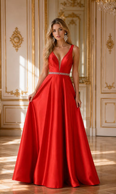 A woman wearing the Deep V-Neck Long Mikado A-Line Prom Dress 8682 in red, featuring a sleeveless design, deep V-neckline, and jeweled belt, stands in an ornate room with gold accents.