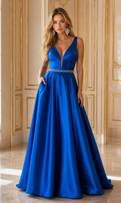 A woman wearing the Deep V-Neck Long Mikado A-Line Prom Dress 8682 in Royal, featuring a sleeveless, floor-length silhouette with a deep V-neckline and jeweled belt, stands in an ornate, gold-trimmed room accessorized with statement earrings.