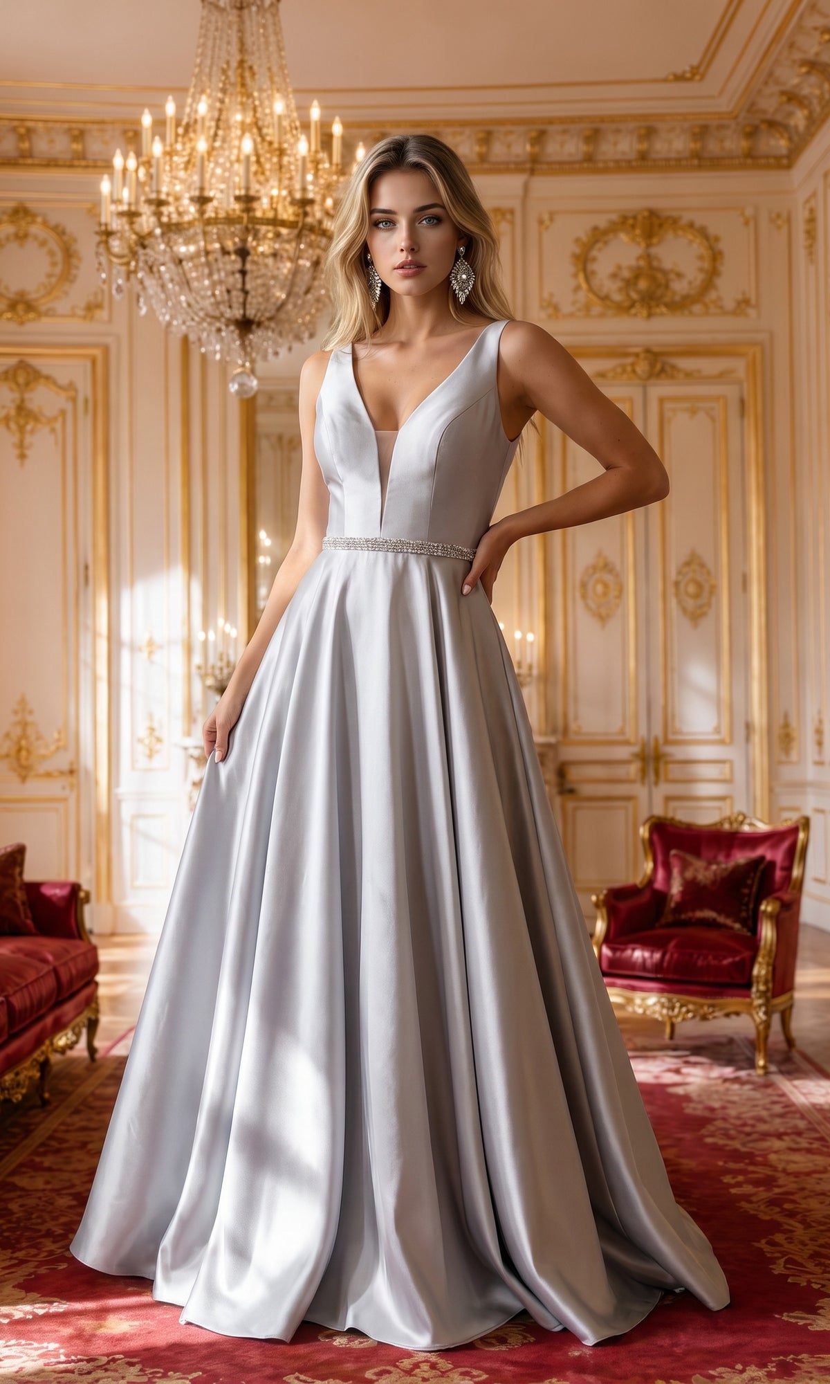 A woman in the Deep V-Neck Long Mikado A-Line Prom Dress 8682, a luxurious silver evening gown, stands in an ornate room adorned with gold trim, chandeliers, and red velvet furniture.