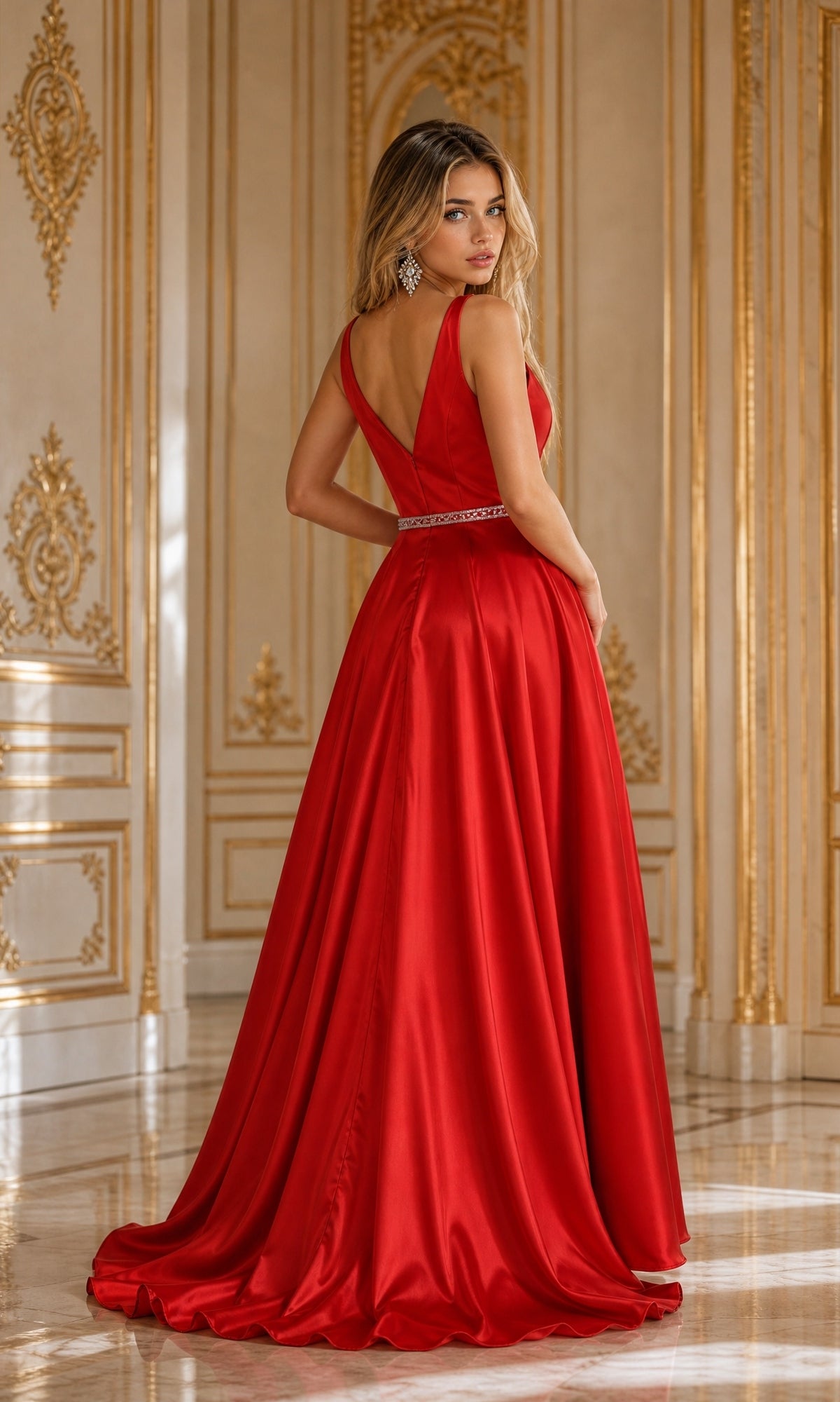A woman wearing the Deep V-Neck Long Mikado A-Line Prom Dress 8682, featuring a jeweled belt and crafted from luxurious red Mikado fabric, stands in an opulent room with ornate gold and white paneling, glancing over her shoulder.