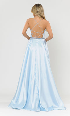 Woman wearing the Scoop-Neck Long A-Line Prom Dress with Pockets 8684 in light blue satin, featuring a crisscross open back, stands facing away from the camera against a plain white background.