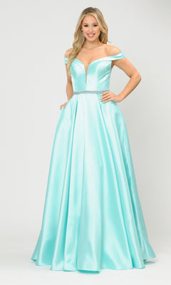 A woman models the Off-the-Shoulder Long Prom Gown with Pockets 8686 in beautiful light blue satin, featuring a fitted bodice, jeweled waistband, and full skirt against a plain white background.