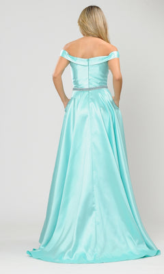 A woman in the Off-the-Shoulder Long Prom Gown with Pockets 8686, featuring a light blue hue, fitted bodice, jeweled waistband and full skirt—an elegant and affordable choice for special occasions.