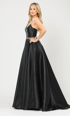 Woman in profile wears the Strappy-Back Long Mikado A-Line Prom Dress 8688—a floor-length black gown with a fitted bodice and flared skirt, perfect for any formal occasion—posed against a plain white background.
