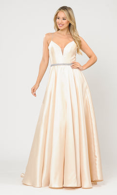 A woman wears the Strappy-Back Long Mikado A-Line Prom Dress 8688, featuring thin straps, a deep V-neckline, jeweled waistband, and a floor-length A-line silhouette, standing against a plain white background.