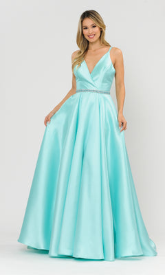 A woman models the Long A-Line Mikado Prom Gown 8690 in mint, featuring a sleeveless, floor-length design with a deep V-neckline, jeweled waistband, and pockets, posed against a plain white background.