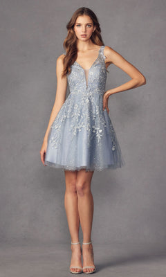 Short Glitter-Floral A-Line Homecoming Dress 871 Slate Blue / XSmall Short Glitter-Floral A-Line Homecoming Dress 871 Slate Blue / XSmall