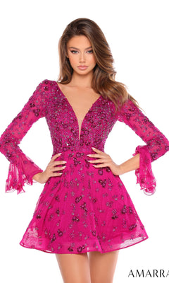 A woman poses with hands on hips in the Amarra Short Homecoming Dress 88032, a bright pink, long-sleeve, v-neck dress adorned with sequins and floral embellishments.