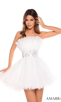 A woman wears the Short Homecoming Dress 88038 by Amarra, featuring a strapless design, ruffled bodice, and beaded waist, posing with one hand in her hair. The word “AMARRA” appears in the bottom right corner.