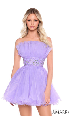 A woman stands against a white background in the Short Homecoming Dress 88038 by Amarra—a strapless, short lavender tulle dress featuring a ruffled bodice and beaded waist.